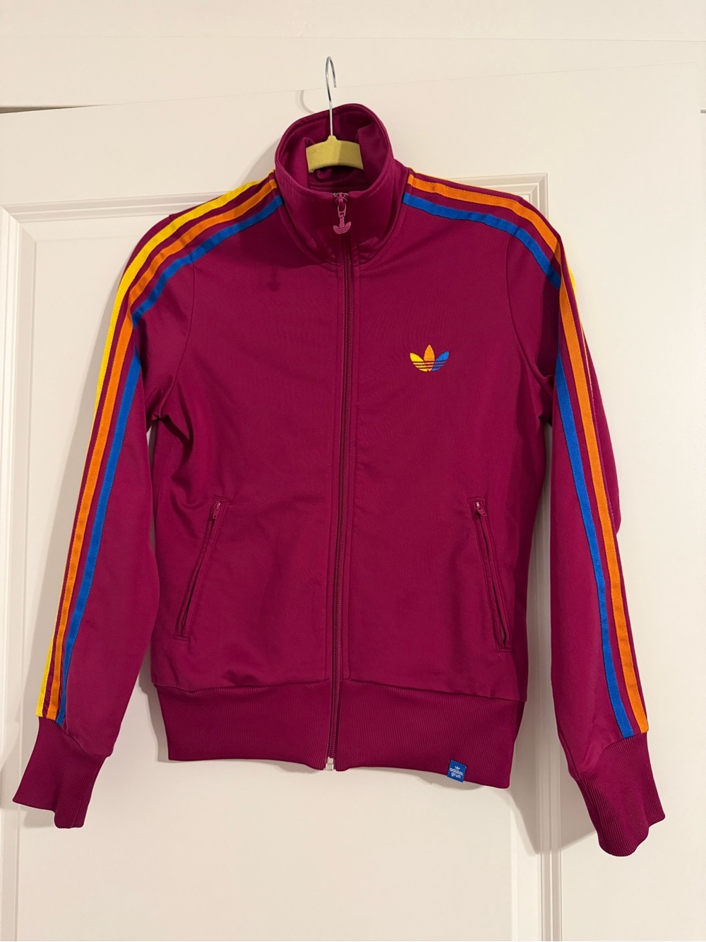 adidas Deep Magenta Track Jacket with Orange & Blue Stripes